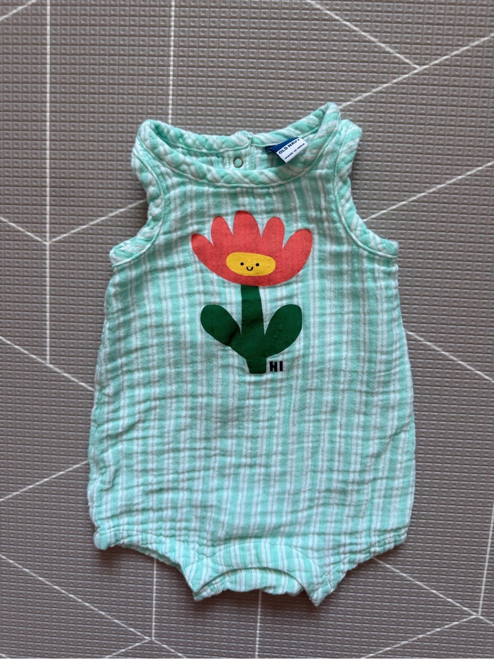 Old Navy|Baby girl teal checkered sleeveless Romper with Smiling Flower/Tulip•••